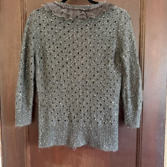PROJECT ALABAMA | Gray Lightweight Sequin Ruffle Trim Open Knit Cardigan | Small - Picture 2 of 6